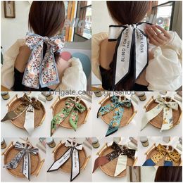 Headbands Fashion Korea Long Ribbon Pearls Hair Bands Bow Scrunchies For Women Girls Summer Floral Print Pontail Ties Hairs Drop Del Dhxop