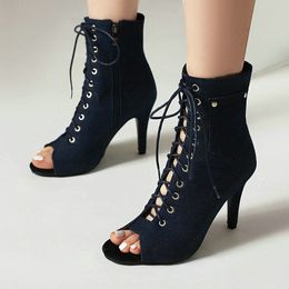 Sandals Blue Denim Jeans Fabric Western Cowboy Gladiators Sexy Lace-up Peep Toe Summer Boots For Women Spike High Heels Jeans Sandals 230719