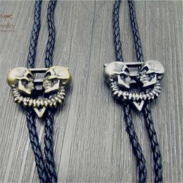 Bolo Ties Bolo tie The latest retro shirt chain Double skeleton head Poirot tie rope leather necklace Long tie hang HKD230719