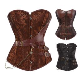 Women Vintage Steampunk Gothic Jacquard Overbust Corset Top with Chains and PU Leather Belts Accent S-6XL Plus Size Brown Black269W