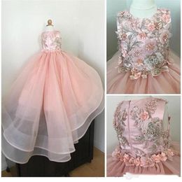 Pink Lace Beaded 2019 Flower Gilr Dresses Tiers Ball Gown Little Girl Wedding Dresses Cheap Beautiful Child Pageant Dresses Gowns 277R