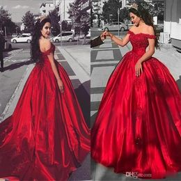 2019 Modest Quinceanera Dresses Off Shoulder Red Satin Formal Party Gowns Sweetheart Sequined Lace Applique Ball Gown Prom Dresses239F