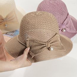 Wide Brim Hats Cute Bowknot Pearl Summer Women Lady Straw Hat Outdoor Casual Big Basin Caps UV Protection Female Bucket