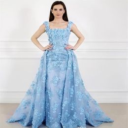 Square Neck Luxury Prom Dresses With Detachable Train Full 3D Floral Applique Beads Evening Gowns Swwep Train Plus Size Formal Gow292d