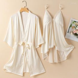 Women's Sleepwear Female Twinset Robe Gown Set Lace Spring Summer Kimono Bathrobe Suit Nightgown Lady Silky Satin Home Wear Dress