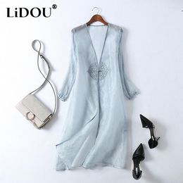 Casual Dresses Summer Ethnic Style Stand Collar Embroidery Dress Ladies 3/4 Sleeve Robe Coat Women's Elegant Fashion Solid Colour Vestidos