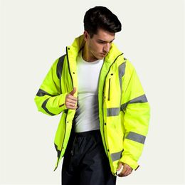 2017 Safety Clothing Outdoor High Visibility Reflective Jacket Waterproof Rain Coat Warm Cotton Padded Work Wear Winter Outwear2796