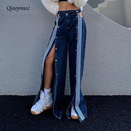 Women s Jeans 2023 Blue Slit Wide Leg Pants Tooling Style Stitching Two Sides Buttoned Striped Trend Personality Street Long 230720