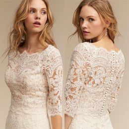 Lace Mermaid Wedding Dresses 2020 BHLDN 3 4 Long Sleeves Bohemian Bridal Gowns Custom Made Plus Size Modest Wedding Dress256W