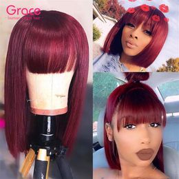 99J Burgundy Bob Wig Pixie Cut Short Human Hair Brazilian Remy Straight Glueless Wigs With Bangs For Black Women Wine Red Non Lace195e