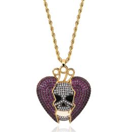 18K Gold Plated Hip Hop Personalised Skeleton Broken Heart Pendant Chain Necklace Copper Iced Out Purple CZ Cubic Zircon for Men a196r