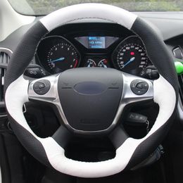 White Black Genuine Leather DIY Hand sewing Steering Wheel Cover for Ford Focus 3 2012-2014 KUGA 2013-2016298A