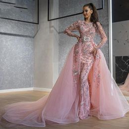 Sparkly Beading Mermaid Prom Dresses with Detachable Train Arabic Dubai Luxury Long Sleeves Evening Dress 2020 Pink Formal Gowns329q