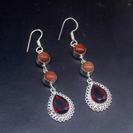 Dangle Earrings Hermosa Fashion Red Garnet Sun Sitara Silver Color Jewelry Gifts Drop For Women Girls 2 5/8 Inch FQ268