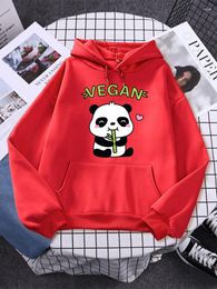 Women's Hoodies Vegan Panda Loves To Eat Bamboo Printing Womans Hoodie Comfortable Cartoons Tops Street O-Neck Clothing Casual