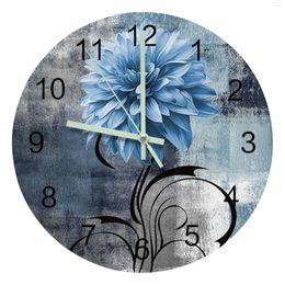 Wall Clocks Dahlia Oil Painting Abstract Texture Plant Flower Blue Luminous Pointer Clock Home Ornaments Round Living Room Decor