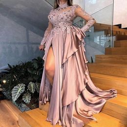 2020 Arabic Aso Ebi Beaded Appliques High Neck Long Sleeves Prom Dresses Sexy Dusty Pink Split Ruffles Formal Evening Gowns Wear P272P