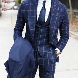 Classic Wedding Tuxedos Men's Suits Slim Fit Suit for Men Blue Cheque Formal Groom Bridal Wide Peak Lapel Tuxedo Custom Made311o