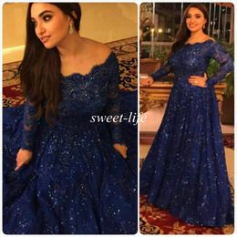 Sparkly Vintage Evening Dresses Long Sleeves Sequins Plus Size Arabic Lace Formal Prom Maxi Gown2326