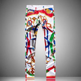 Mens Irregular Painted Graffiti Print Design Jeans Straight Long Pencil Pants Man Teenager White Streetwear Sim Biker Denim Pant2869
