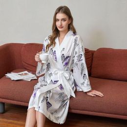 Women's Sleepwear Cool Ice Silk Light Luxury Dressing Gown Women Print Pajamas Comfortable Imitation Long-sleeved Bathrobe Lace-up