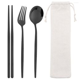 Dinnerware Sets 3/4Pcs Black Cutlery Spoon Fork Chopsticks Set Lunch Tableware With Bag Stainless Steel Portable Kitchen Accessories