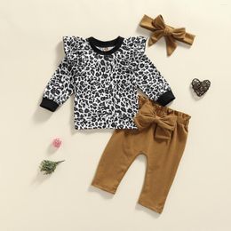 Clothing Sets FOCUSNORM 3pcs Baby Girls Autumn Clothes Leopard Print Ruffles Long Sleeve Pullover Tops Solid Pants Headband 0-24M