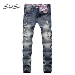 Silentsea Fashion Biker Jeans Button Pants Trendy Designer Mens Jeans High Quality Blue Colour Straight Ripped For Men269U