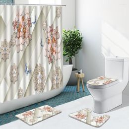 Shower Curtains 4Pcs Creative Luxury Curtain Three-Dimensional Flower Butterfly Bathroom Set Non-Slip Rugs Toilet Cover Carpet Bath Mat