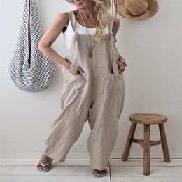 Gym Clothing Loose Casual Jumpsuit Women Overalls Playsuits Wide Leg Cropped Long Pants Cotton Linen Solid Pocket Trousers205M
