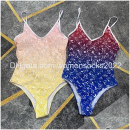 Women'S Swimwear Stylish Gradient One Piece Swimsuit Sexy Ladies Hollow Out Backless Fl Letter Printed Bathing Suit Women Swimming W Dhqnl