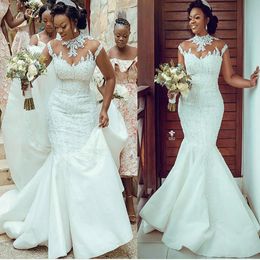 Plus Size Mermaid Wedding Dresses Arabic Aso Ebi Luxurious Lace Beaded High Neck Bridal Dresses Vintage Sexy Wedding Gowns