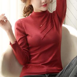 Women's Sweaters Winter Warm Women 2023 Button Soft Pullovers Cotton Long Sleeve Half Turtleneck Autumn Elastic Slim Knit Khaki Red Tops