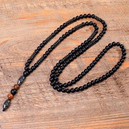 Natural Black Hematite Carving Bead Necklace Black Buddha Lava Mala Stone Wood Rosary Beads Pendant2192