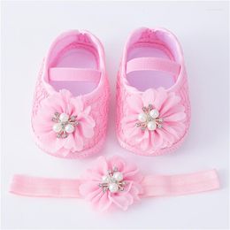 First Walkers 0-18months Baby Girls Shoes And Headband Soft Sole Non-Slip Pearl Flower Princess Wedding Dress Crib For Born