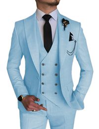 Men's Suits Blazers Fashion Smart Business Sky Blue Costume Homme Wedding Men Lapel Groom Tuxedos Terno Masculino Prom Blazer 3 Pieces 230720