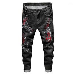 Men's Jeans Men's Chinese Dragon Embroidery Denim Trendy Slim Straight Stretch Pants Black Blue1247G