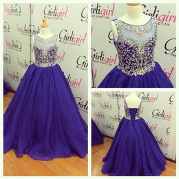 2021 Girls Pageant Dresses Royal Blue Size with Lace Up and Jewel Neck Real Pictures Beading Chiffon Little Girls Prom Gowns Custo201y