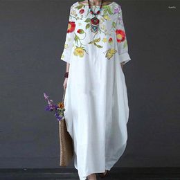 Casual Dresses Vintage Flower Print Cotton Dress Women Spring Crew Neck Pocket Long Maxi Autumn 3/4 Sleeve Boho Party Harajuku