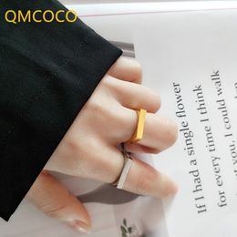 QMCOCO Korean Silver Color Open Adjustable Ring INS Minimalist Geometric Square Smooth Face Ring Punk Fashion Jewelry Accessory