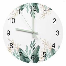 Wall Clocks Green Tropical Plants Leaves Luminous Pointer Clock Home Ornaments Round Silent Living Room Bedroom Office Decor