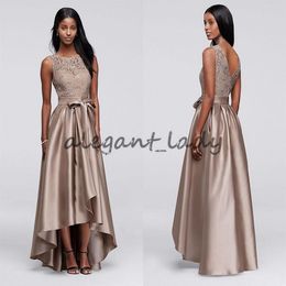 Brown Sequin Lace Dress with Mikado Skirt Mother of the Bride Groom Dresses High Low Jewel Women Formal Party Prom Dress with Bow 260Q