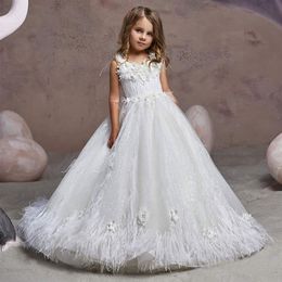 Beaded Feather Girls Pageant Dresses Jewel Neck 3D Appliqued Princess Flower Girl Dress Sequined Sweep Train First Communion Gowns210E