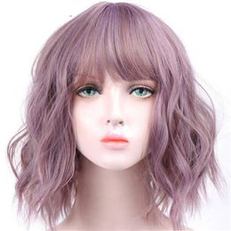 Wondero Short Wavy Wige for Black Women African American Synthetic Bulk Hair Purple Wigy with Bangs Heat Resistant Cosplay Wig281l