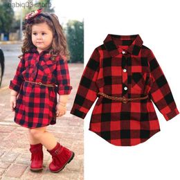 Girl's Dresses Children's Spring and Autumn Season Girls' Long sleeved Red Plaid Dress+Belt Two Piece Children's Dress ins T230720