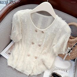 Women's Knits 2023 French Fringe Double Breasted Knitted Cardigan Women Summer Vintage Tassel Short Sleeve Sweater Knitwear Tops Jumper