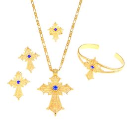 Ethiopian Stone Cross Jewellery Set Gold Colour Necklace Earrings Ring Bangle Africa Dubai Bridal Wedding Sets261y