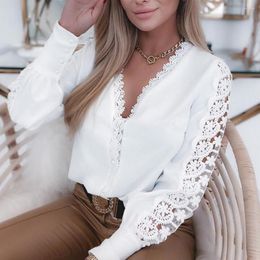 Women's Blouses Faux Pearls Buttons Cuffs Blouse Elegant Lace Stitched V-neck Shirt With Pearl Solid Colour Chic For Stylish