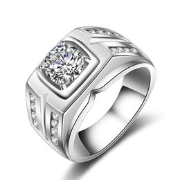 2019 New 1 25CT White Gold Plated Big White Stone Rings for Men CZ Diamond Jewellery Engagement Wedding Men Rings2648