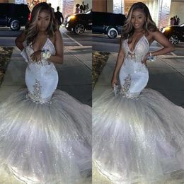 Glitter Silver Sexy V Neck Mermaid Prom Dresses Spaghetti Sleeveless African Long Puffy Formal Evening Gowns Graduation Party Dres297t